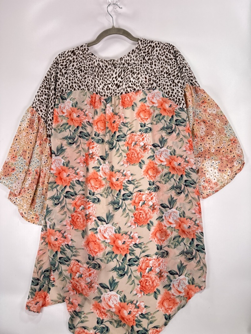 UMGEE Mixed Print Floral Leopard Open Front Kimono Cardigan Peach Cream Size M - Picture 7 of 9